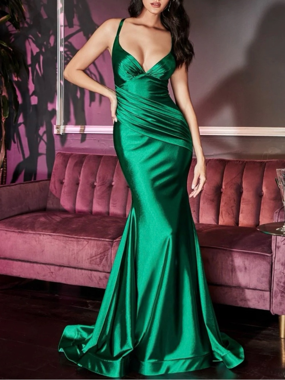 Cinderella Divine LaDivine Emerald Green Satin V-Neck Mermaid Gown Formal Dress